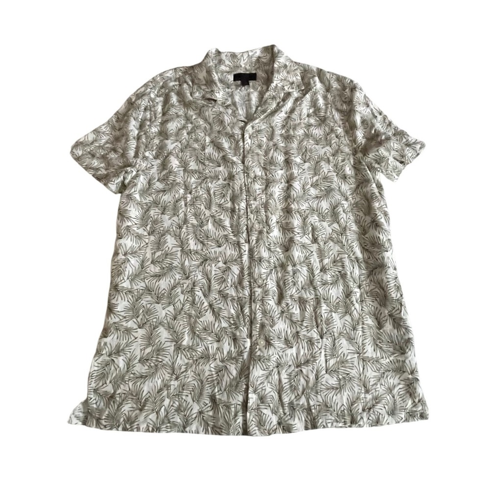 Magaschoni Mens Palm Leaf Print Rayon Linen Short Sleeve Button Down Shirt Small